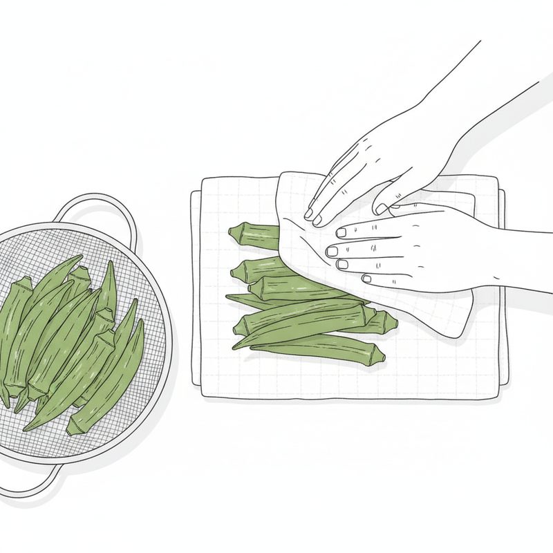 Line drawing with a light green wash of hands patting rinsed okra pods dry with a cloth on a folded kitchen towel, a colander of okra beside it