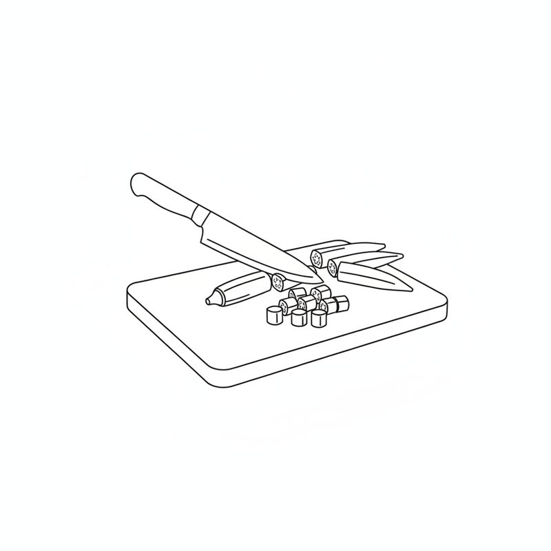 Line drawing of a knife on a chopping board cutting okra pods into short rounds, a small pile of cut pieces in front