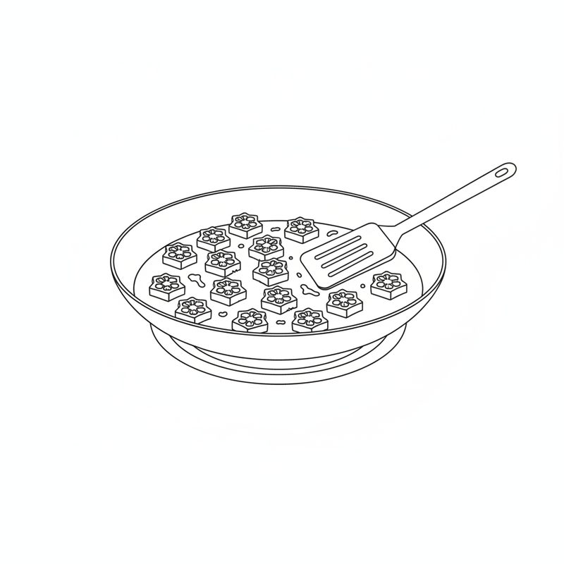 Line drawing of cut okra rounds frying in a single layer in a wide pan of oil, a slotted spatula turning them