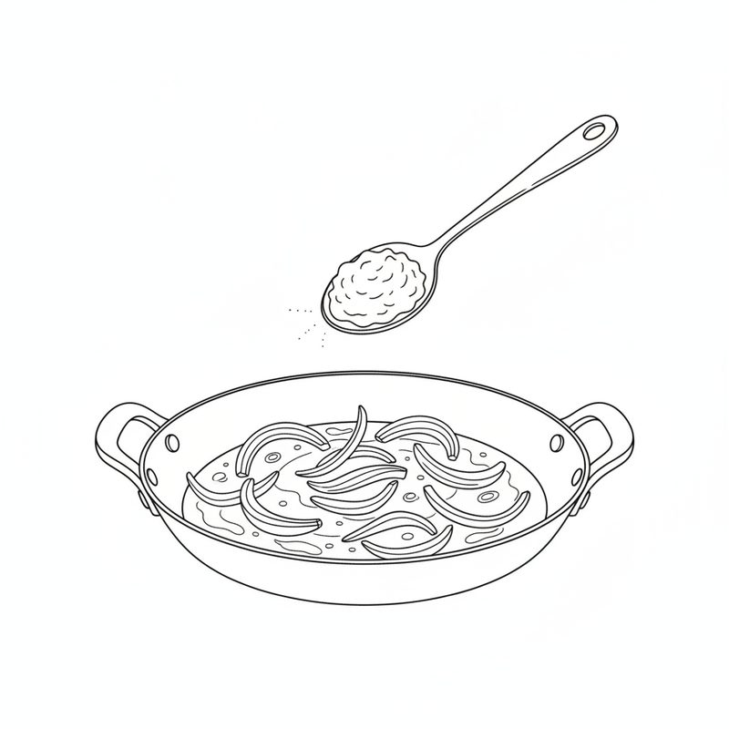 Line drawing of sliced onions cooking in oil in a two-handled pan, a spoon of ginger-garlic paste held above it