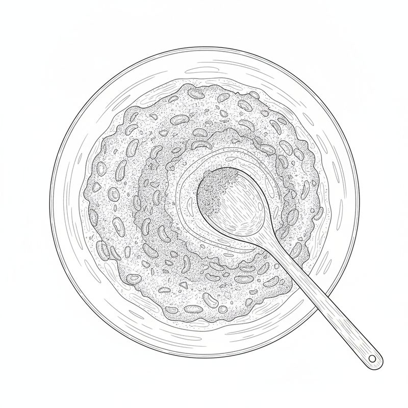 Line drawing seen from above of a thick masala being stirred with a wooden spoon