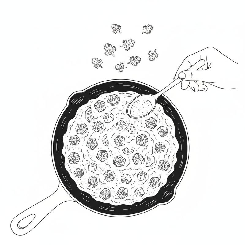 Line drawing of okra rounds mixed through thick masala in a skillet, a hand sprinkling spice powder from a spoon and coriander leaves scattered above