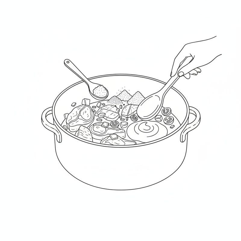 Line drawing of a hand stirring a large pot of bone-in meat pieces with chopped tomato, a dollop of yogurt and small heaps of ground spices, a spoon of paste resting on the rim