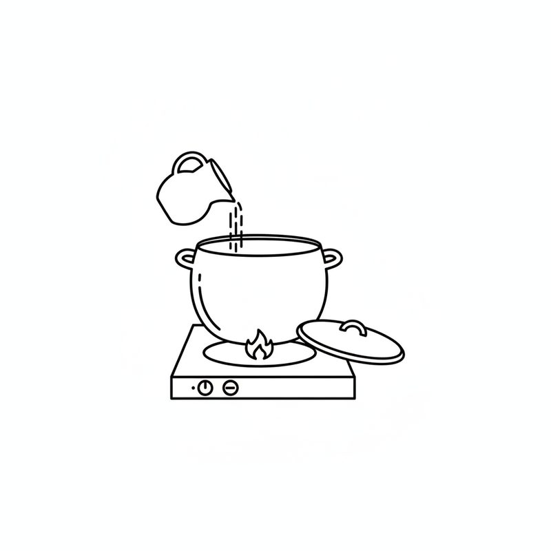 Line drawing of a jug pouring water into a pot on a gas hob over a low flame, the lid set down beside it