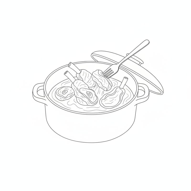 Line drawing of a lidded pot opened to show bone-in meat pieces in a thin sauce, a fork pressed into one piece