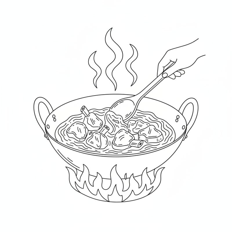 Line drawing of a hand turning bone-in meat pieces in a karahi over a high flame with steam rising