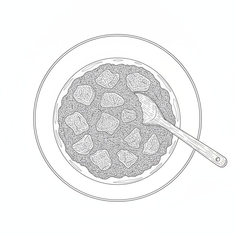 Line drawing from above of a pan of meat pieces in a thick, grainy masala with a wooden spoon resting in it