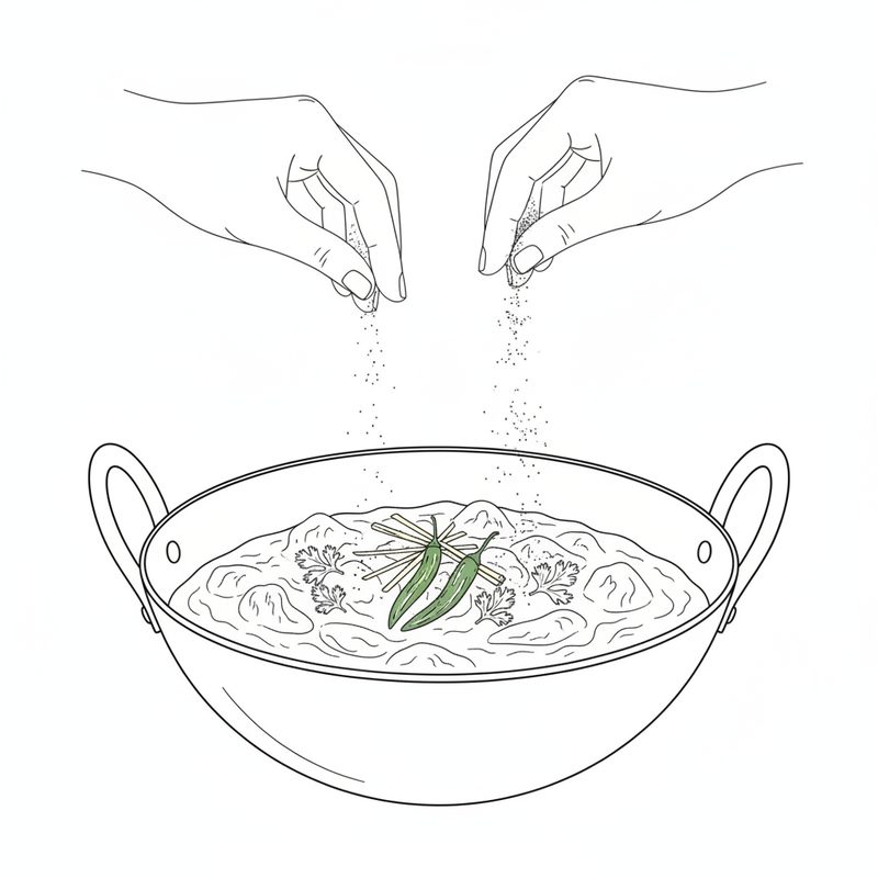Line drawing of two hands sprinkling spice over meat in a karahi topped with ginger matchsticks, two green chillies and coriander leaves