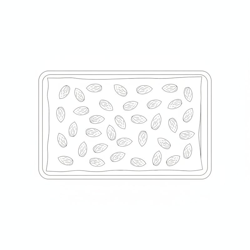 Line drawing of whole almonds spread in a single layer on a paper-lined baking sheet