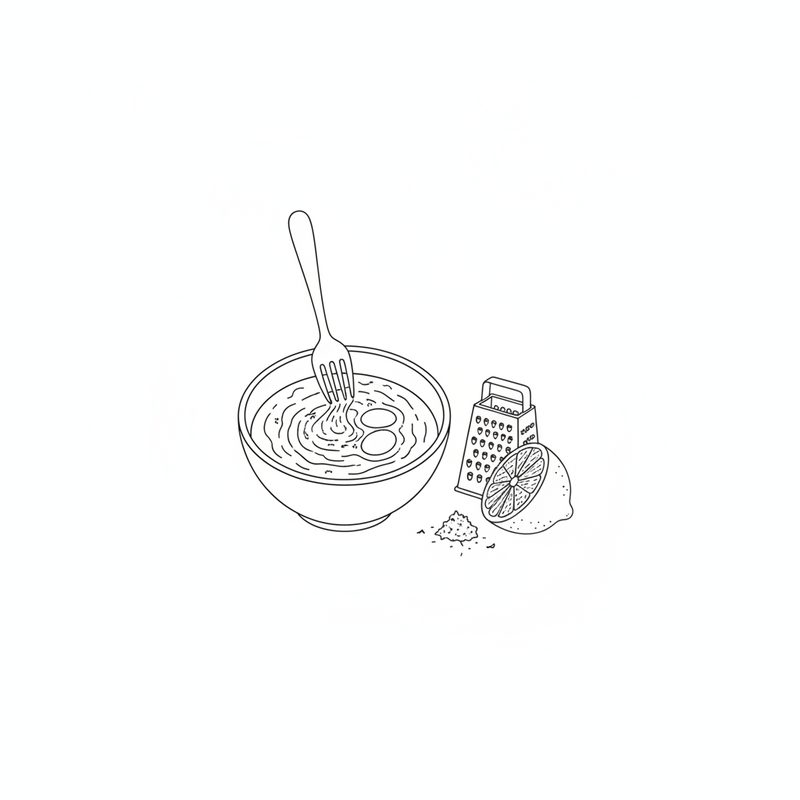 Line drawing of a fork stirring eggs into melted butter in a bowl, with a box grater and half a lemon beside it