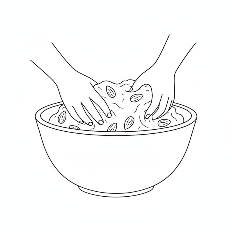 Line drawing of two hands kneading a dough studded with whole almonds in a large bowl