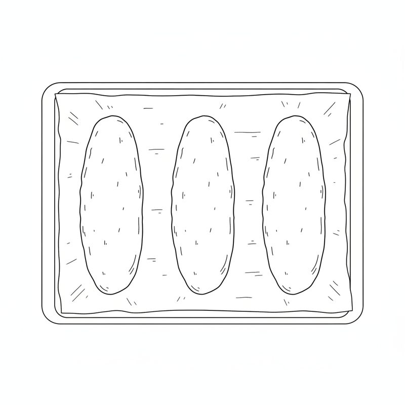Line drawing of three long flattened dough logs side by side on a paper-lined baking tray