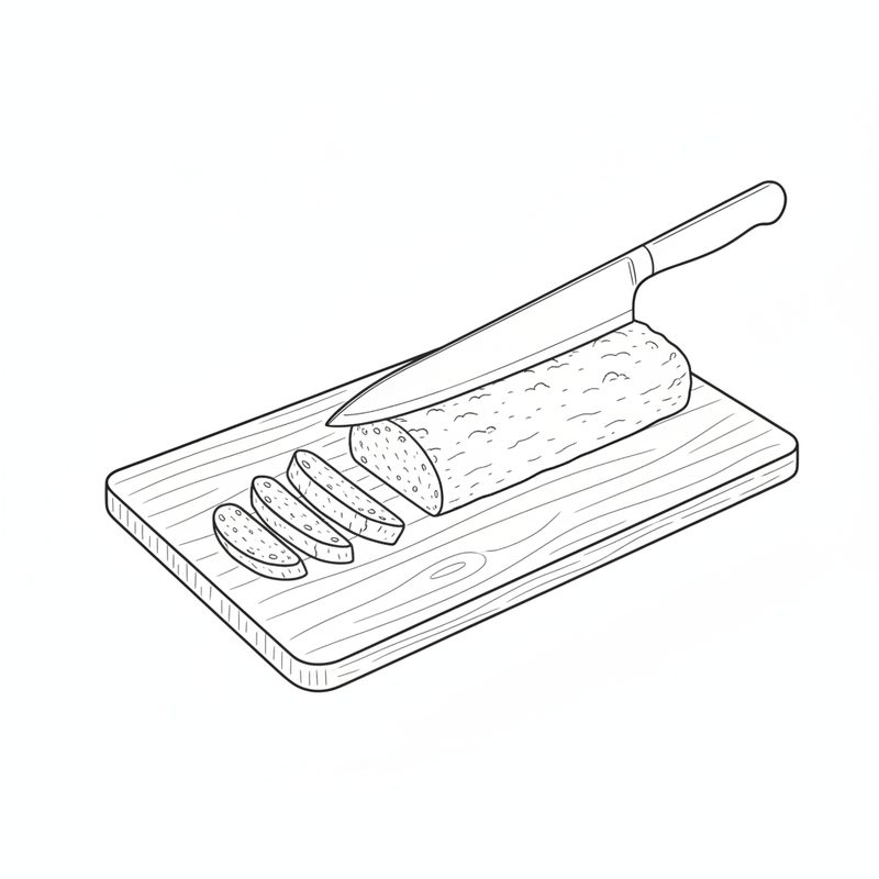 Line drawing of a chef's knife slicing a baked log into slices on a wooden cutting board