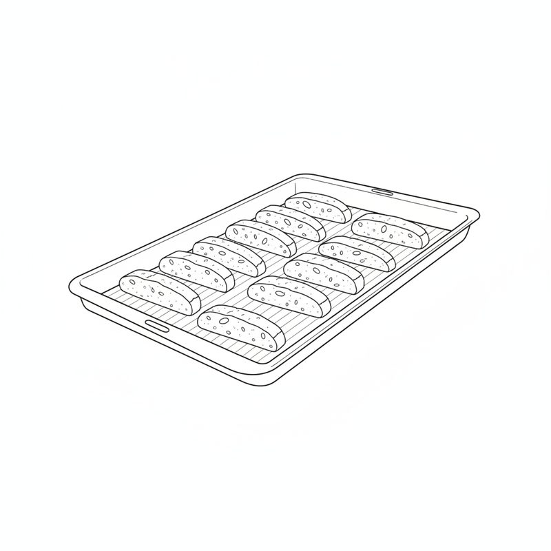 Line drawing of slanted biscotti slices laid in rows on a baking tray for the second bake