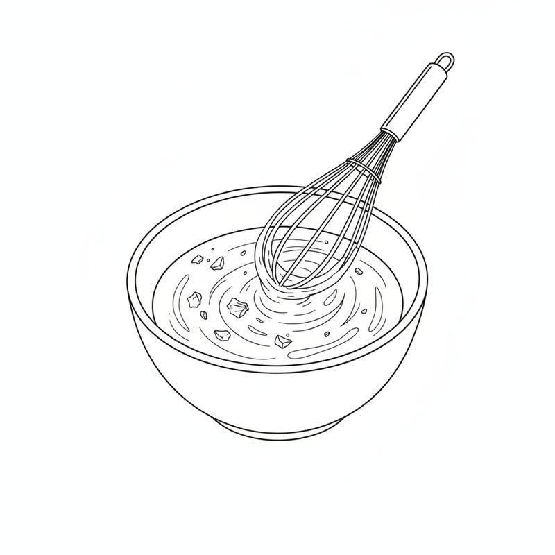 A whisk stirring a pale, runny dressing flecked with garlic in a round bowl