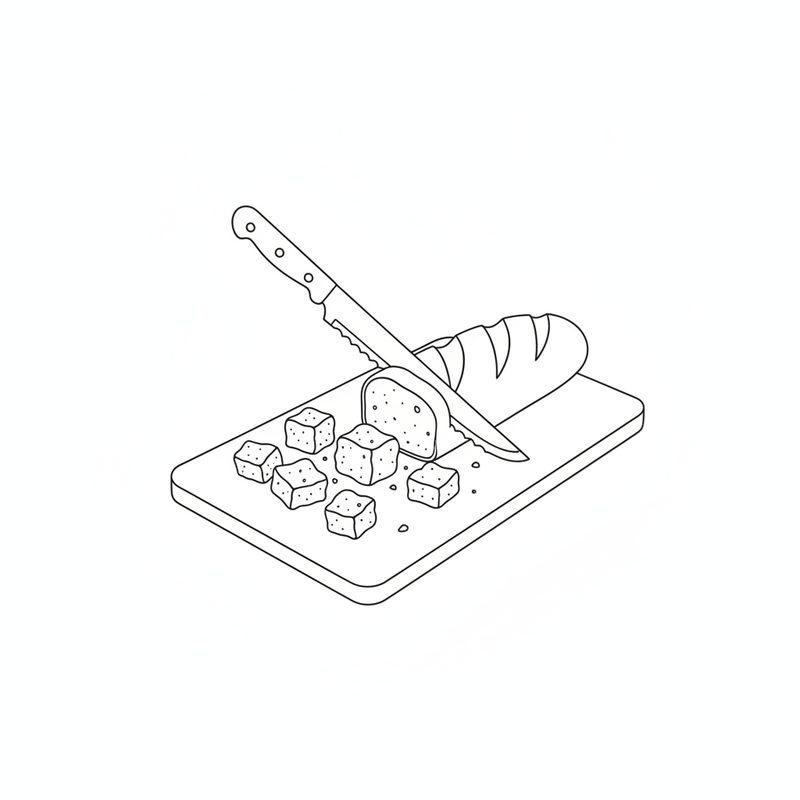 A serrated knife cutting a baguette into rough cubes on a chopping board