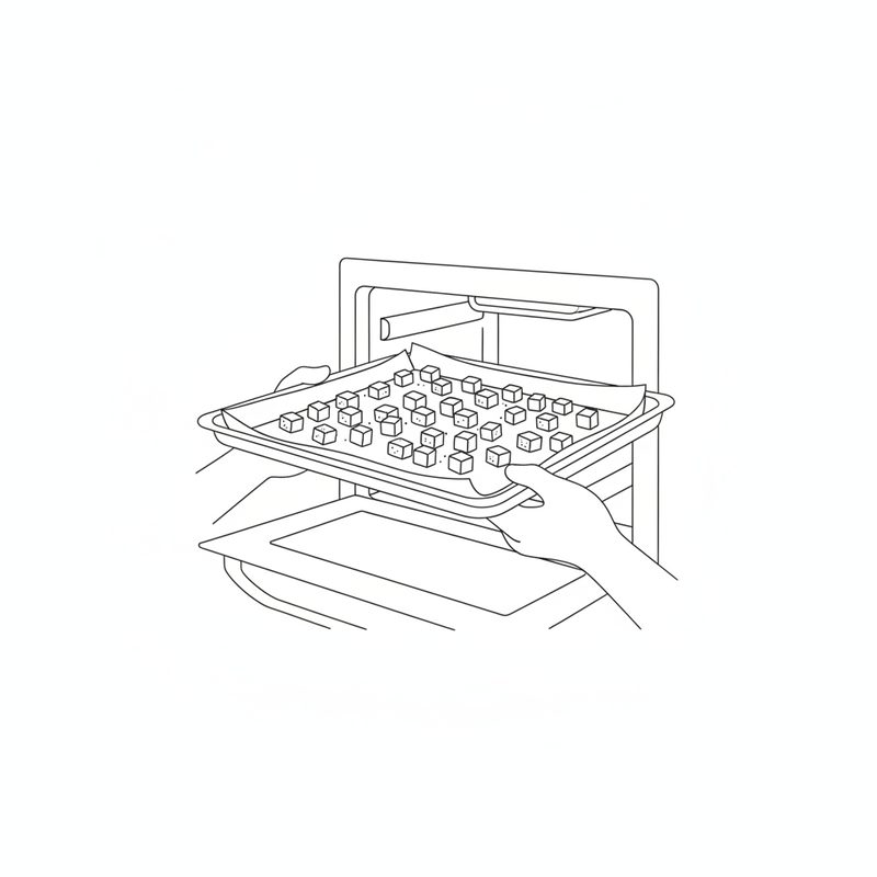 Two hands sliding a paper-lined baking tray of bread cubes into an open oven