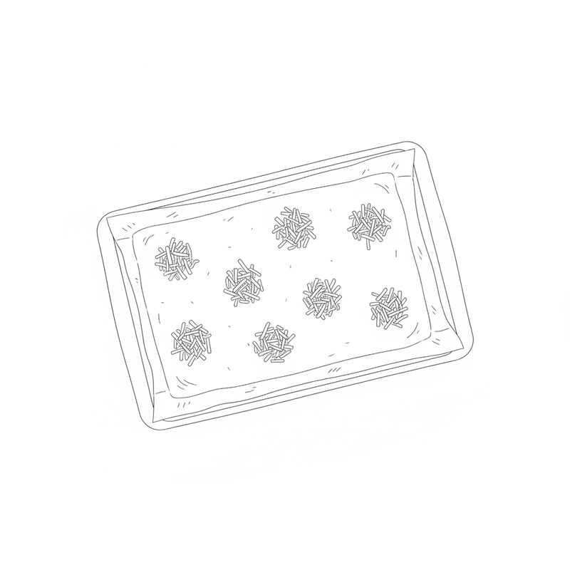 Eight small mounds of grated cheese spaced out on a paper-lined baking tray