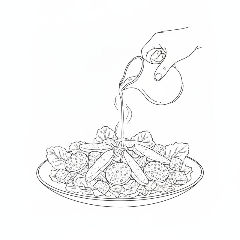 Dressing poured from a jug over a plate of torn lettuce, chicken strips, croutons and round lacy cheese crisps