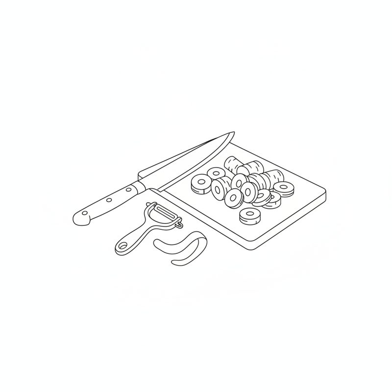 Line drawing of a chef's knife, a vegetable peeler and a strip of peel beside a cutting board of sliced carrot pieces