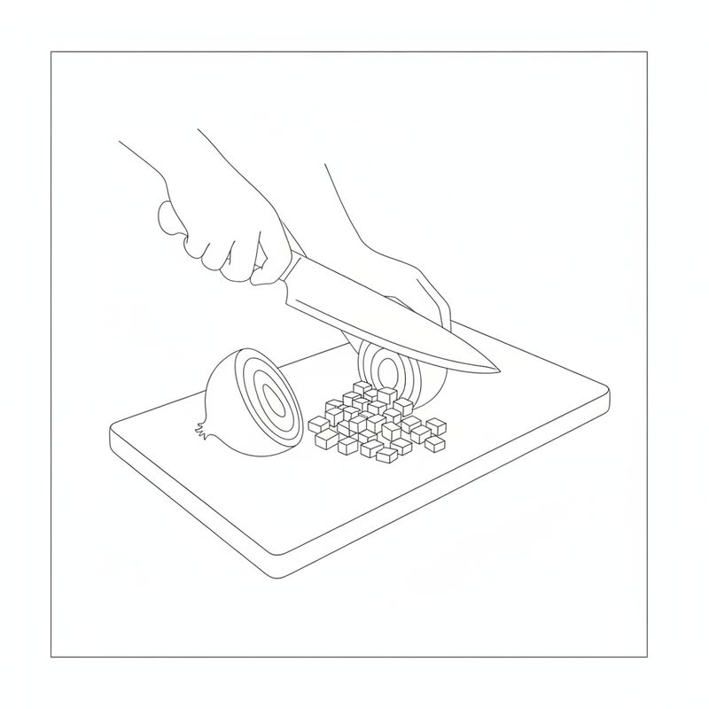 Line drawing of a hand dicing half an onion into small cubes on a cutting board
