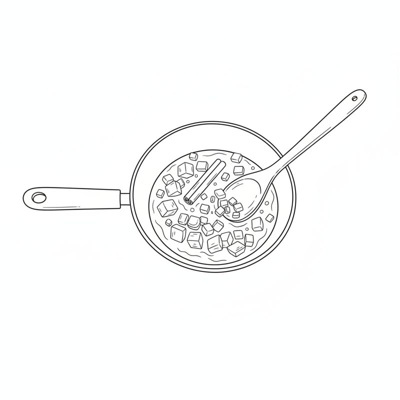 Line drawing from above of diced vegetables and a cinnamon stick in a saucepan, a wooden spoon stirring