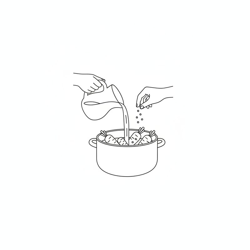 Line drawing of water poured from a jug into a pot of carrots while a hand sprinkles in chili flakes