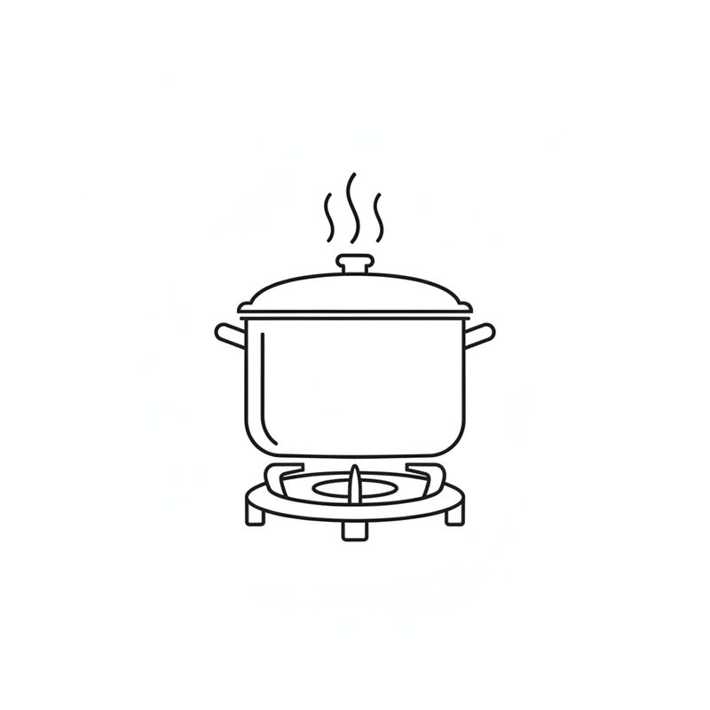 Line drawing of a lidded pot on a gas burner with steam rising