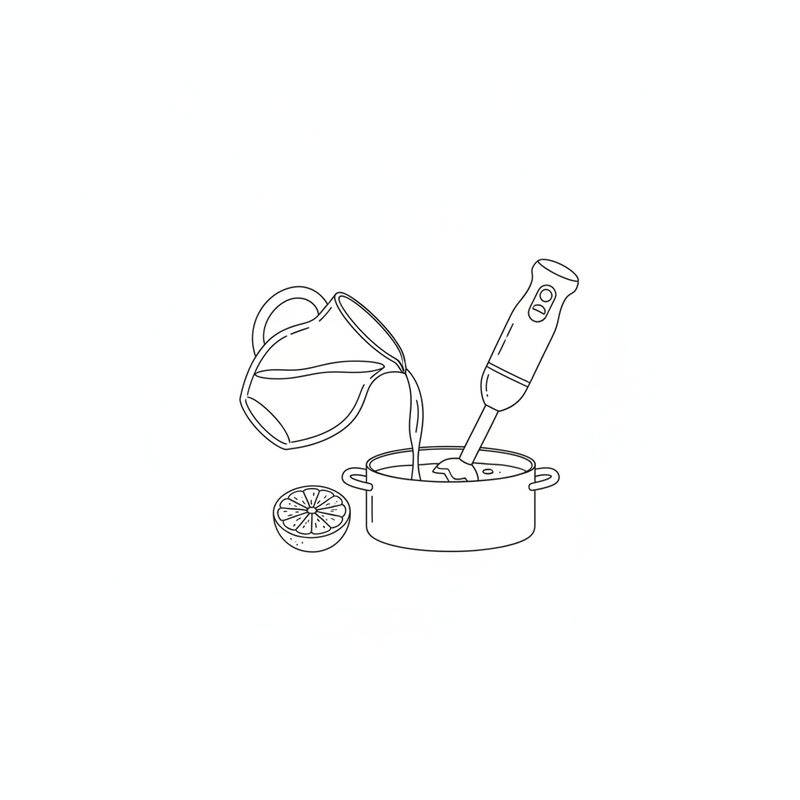 Line drawing of juice poured from a jug into a pot while a stick blender purées the soup, a halved citrus fruit beside it