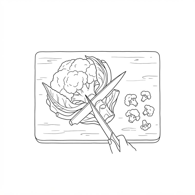 Line drawing of a hand using a knife to cut the stalk and leaves from a head of cauliflower on a cutting board, small florets to one side