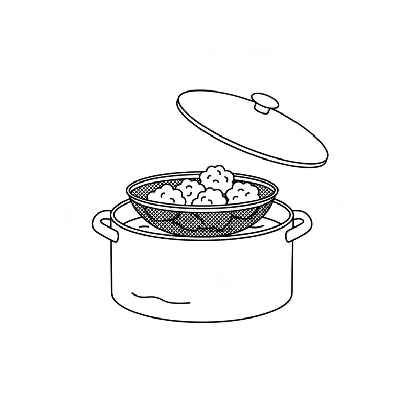 Line drawing of a cooking pot with a mesh sieve of cauliflower florets set inside it and the lid lifted above