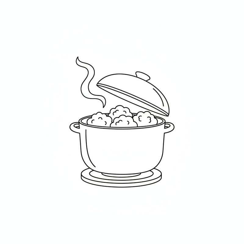 Line drawing of cauliflower florets in a pot on a hob, steam rising as the lid is lifted