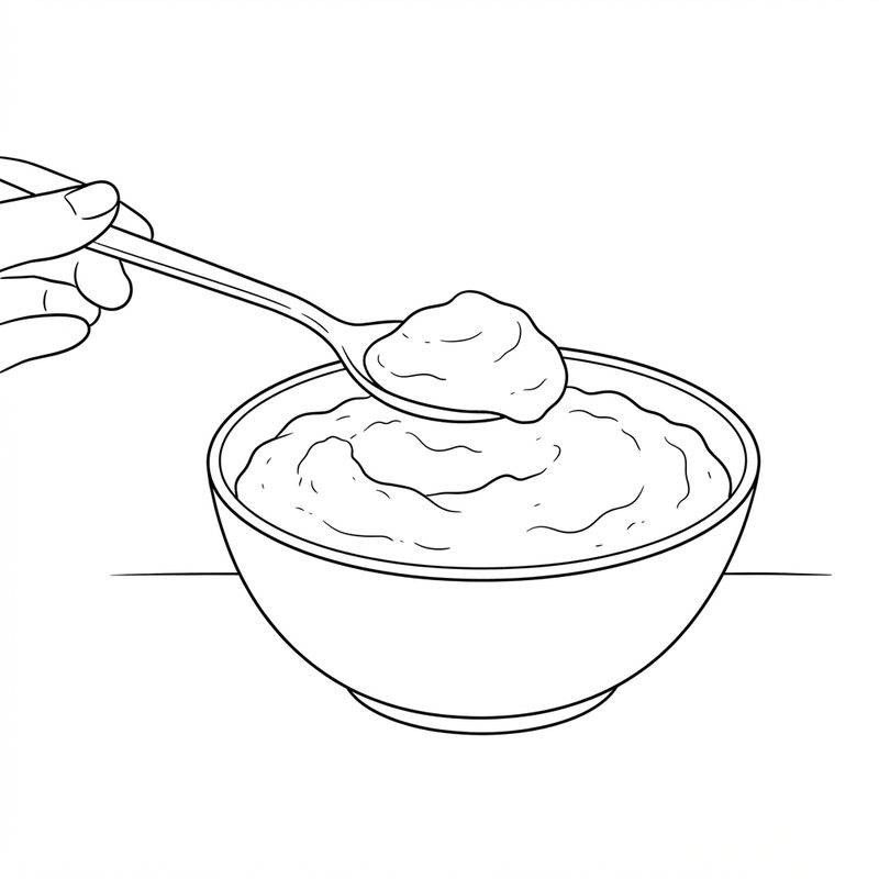 Line drawing of a spoon lifting a taste of smooth cauliflower mash from a bowl