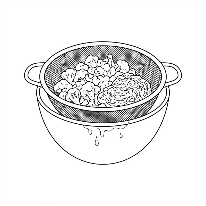 Line drawing of cauliflower florets and a mound of chopped spinach draining in a mesh sieve set over a bowl