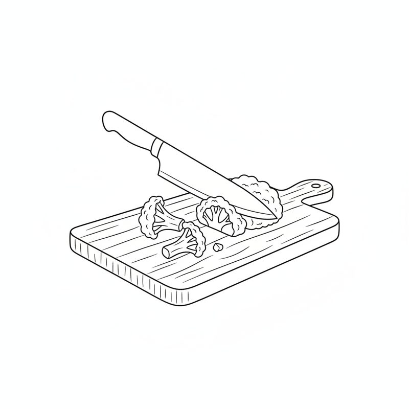 Line drawing of a chef's knife cutting cauliflower florets into small pieces on a wooden chopping board