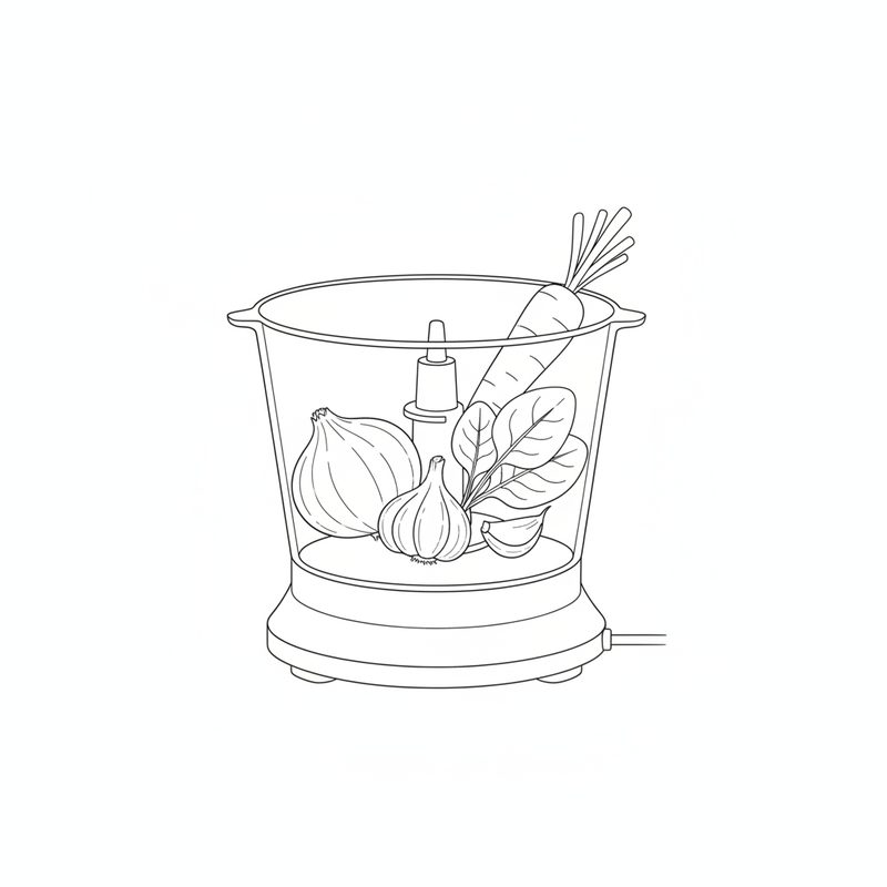 Line drawing of a food processor bowl holding an onion, a garlic bulb and clove, a carrot and spinach leaves
