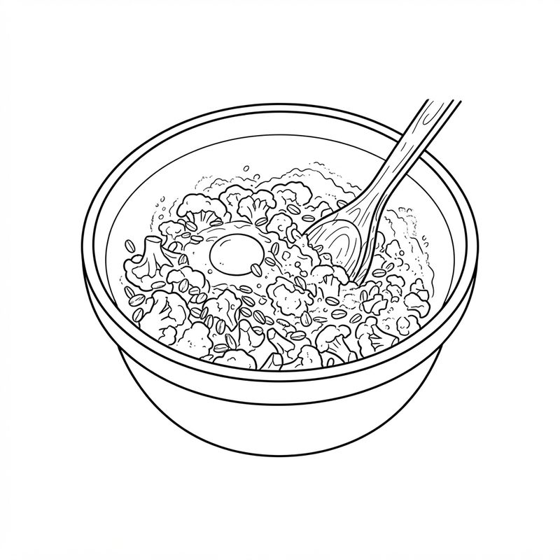 Line drawing of a mixing bowl of chopped cauliflower, oats and an unbroken egg yolk being stirred with a wooden spoon