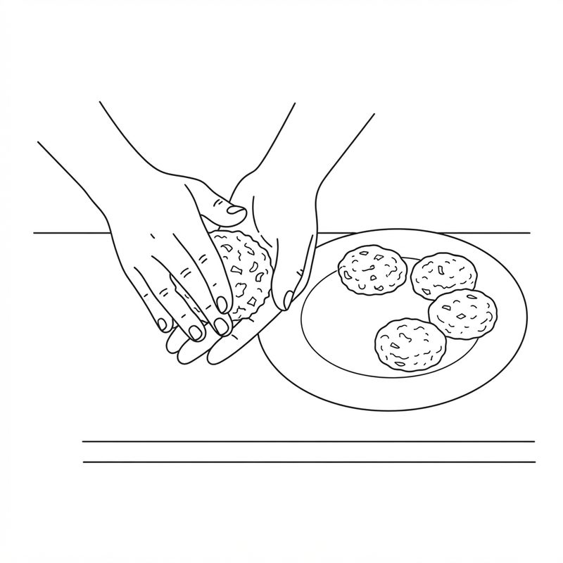 Line drawing of two hands pressing vegetable mixture into a patty beside a plate of four shaped patties