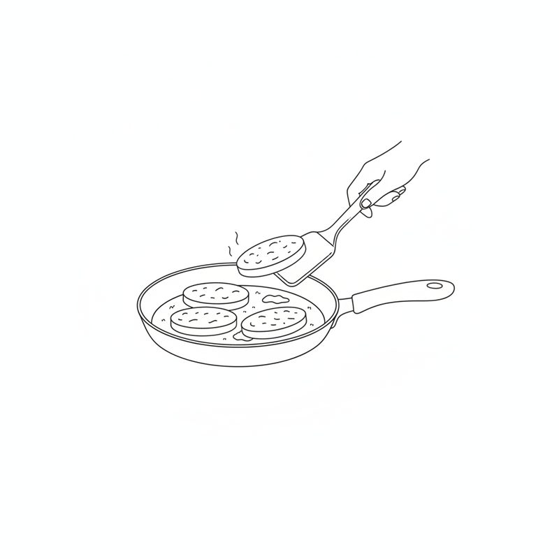 Line drawing of a spatula lifting a patty out of a frying pan where three more patties are frying