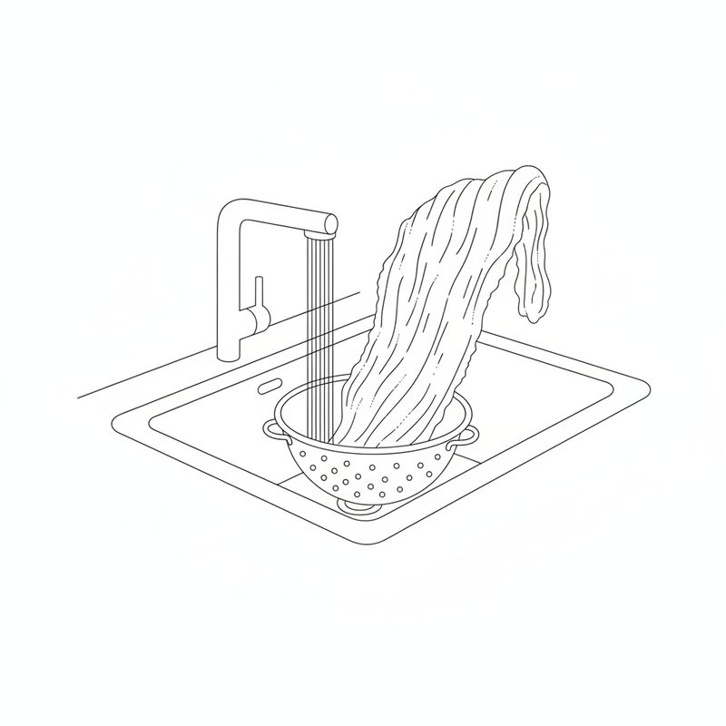 Line drawing of a long, wavy sheet of pork ruffle fat being rinsed under a running tap in a colander in the kitchen sink