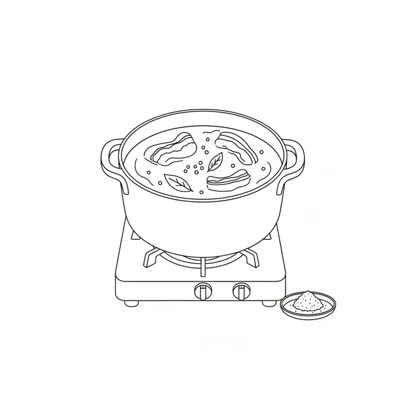 Line drawing of a pot of water on a gas stove with pieces of ruffle fat, peppercorns and bay leaves floating in it, and a small dish of salt beside the stove