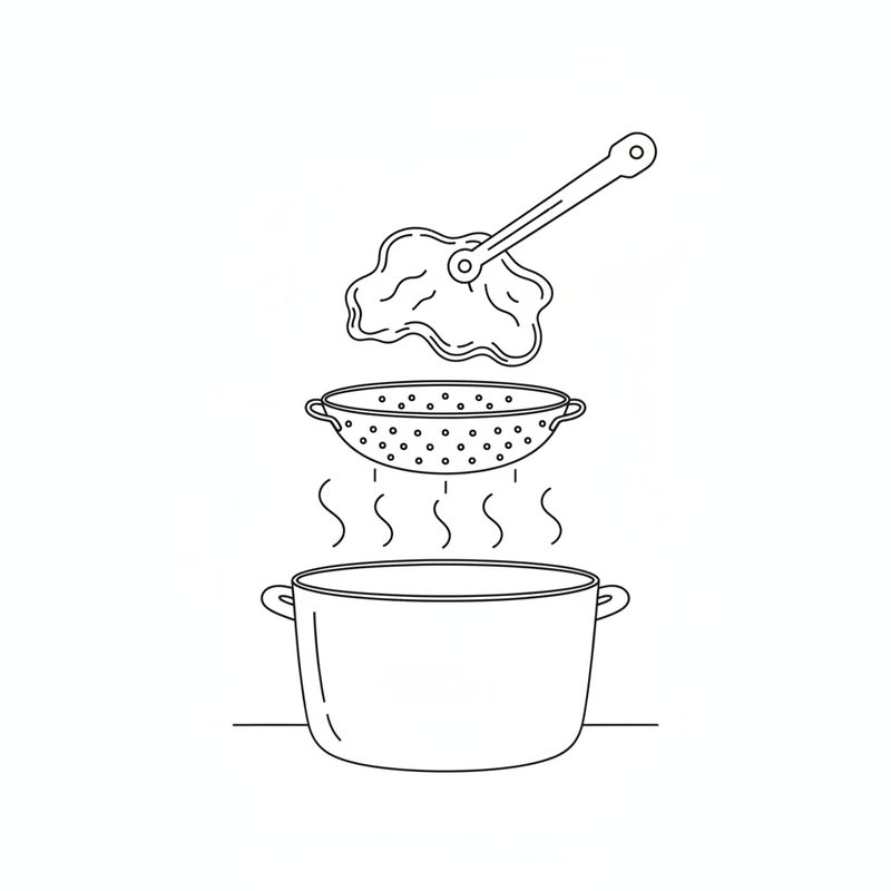 Line drawing of a boiled piece of ruffle fat lifted on a ladle above a colander, with steam rising from the pot below