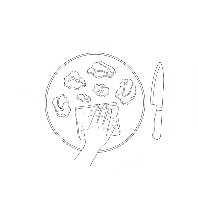Line drawing of boiled ruffle fat pieces on a round chopping board, a hand pressing a folded paper towel on them, a knife beside the board