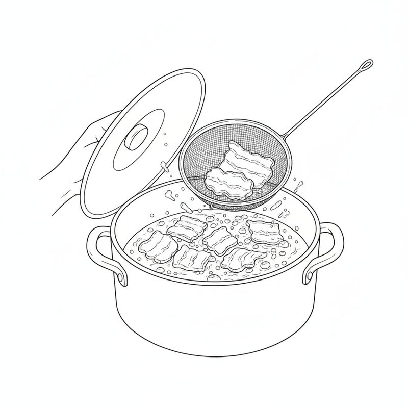 Line drawing of ruffle fat pieces frying in a pot of bubbling oil, a mesh spider lowering more pieces in while a hand holds the pot lid up as a shield
