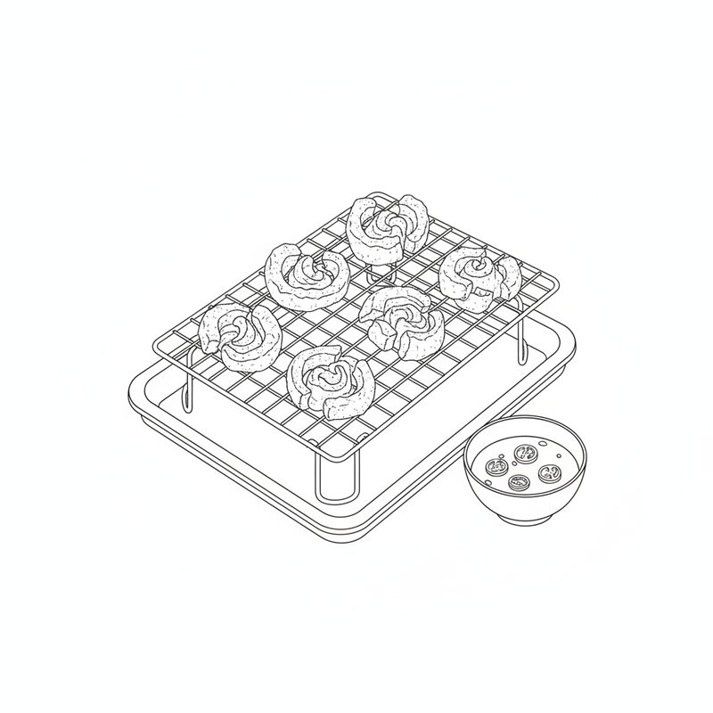 Line drawing of curled, fried ruffle fat pieces on a wire rack over a tray, with a small bowl of vinegar dip with sliced chilies beside it