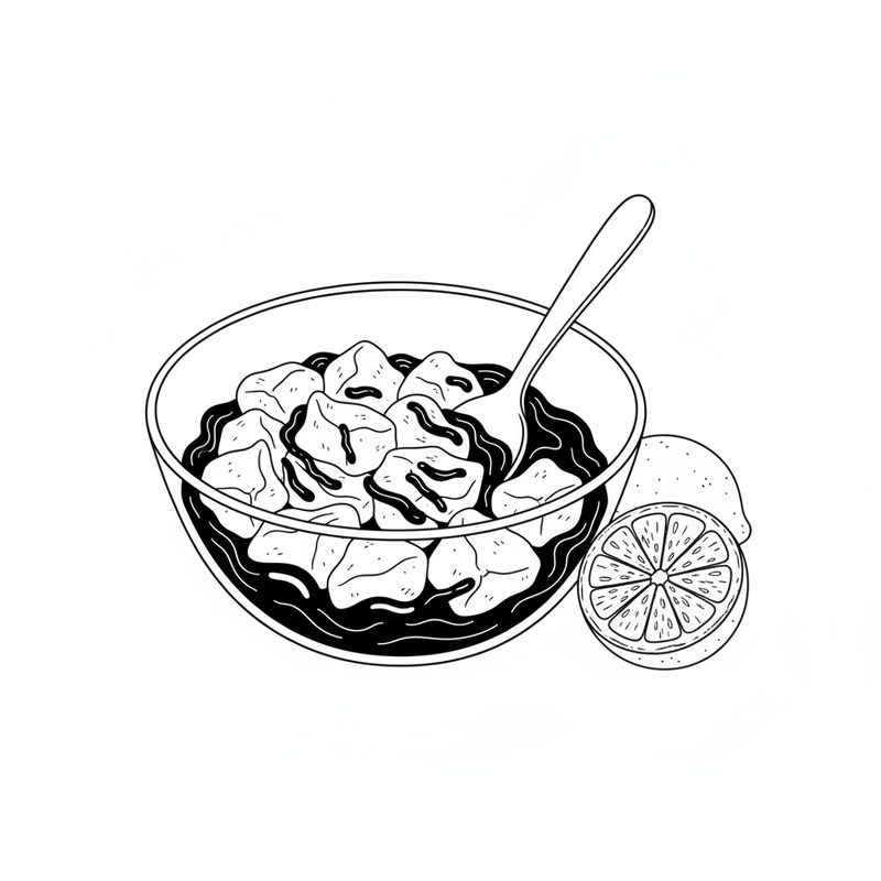 Line drawing of chicken pieces in a glass bowl of dark soy sauce with a spoon, a halved lime beside the bowl