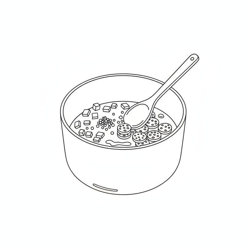 Line drawing of a pot with chopped onion, minced garlic and round chorizo slices, a spoon resting in it
