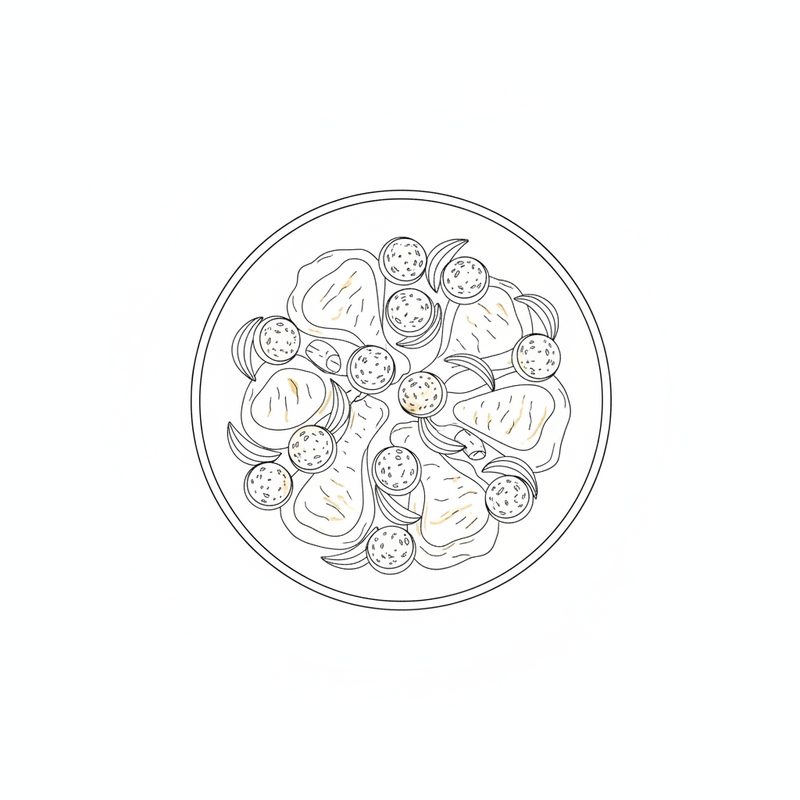 Line drawing seen from above of chicken pieces with round sausage slices and onion in a pan