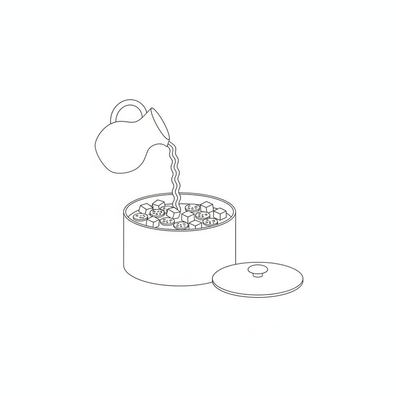 Line drawing of a jug pouring water into a pot of chicken cubes and chorizo slices, the pot lid set beside it