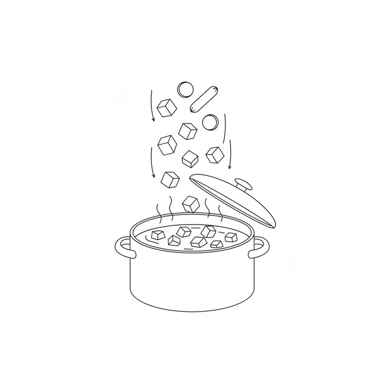 Line drawing of potato cubes and sausage rounds dropping into a steaming pot of chicken, the lid lifted off
